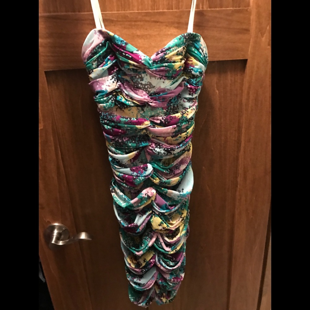 BCBG multi color strapless ruched dress